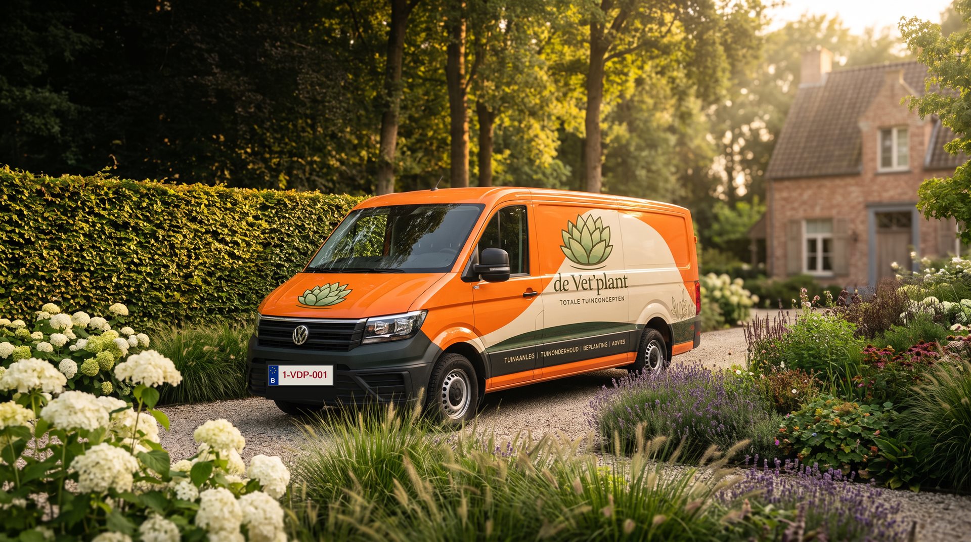 De werkbus van de Vet'plant in een verzorgde tuin in de Kempen bij gouden avondlicht