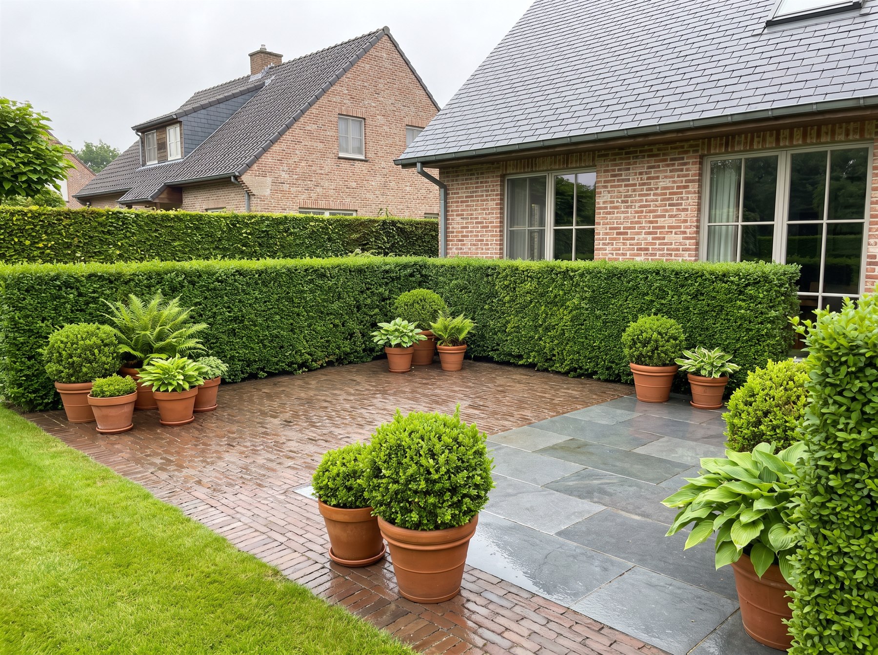 Vakkundig gereinigd terras met propere klinkers en tegels bij een woning in de Kempen