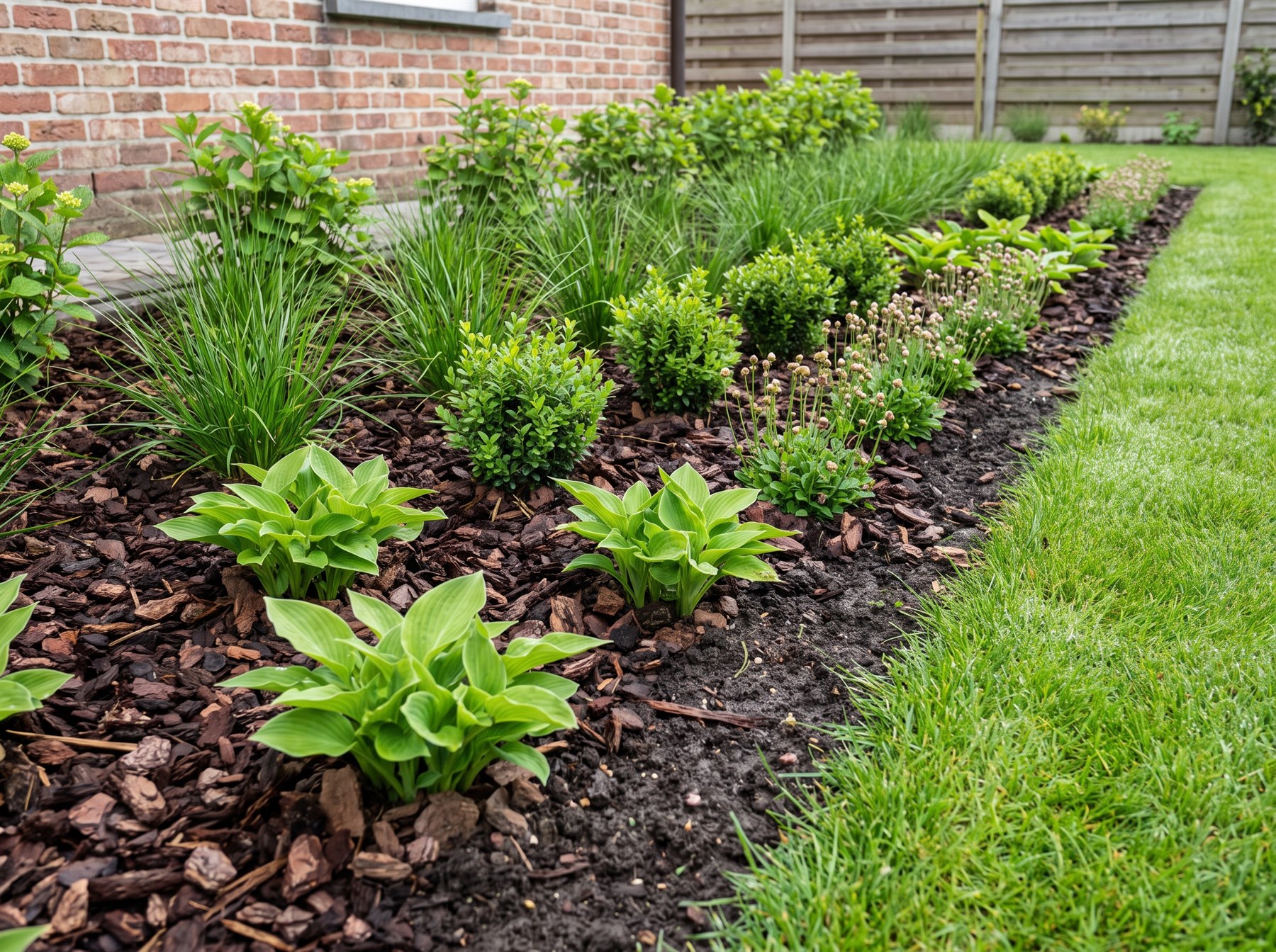 Nieuw aangelegde border met beplanting