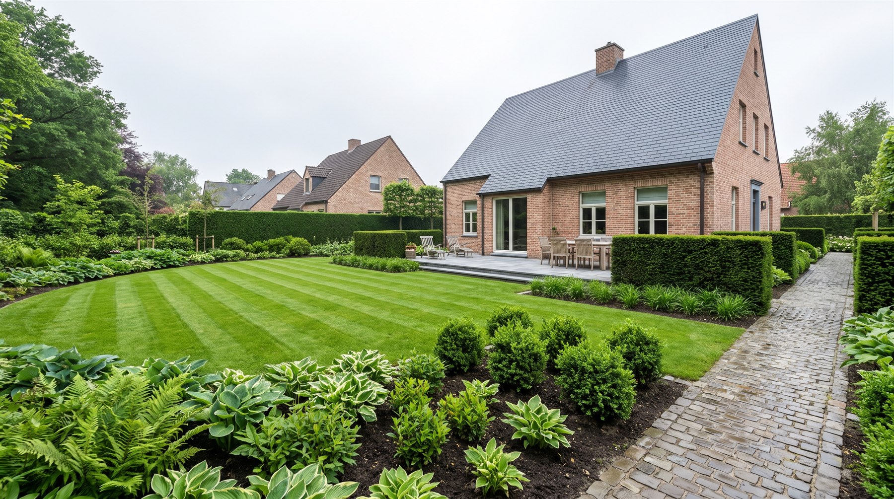 Volledig opgefriste tuin met gemaaid gazon en beplanting